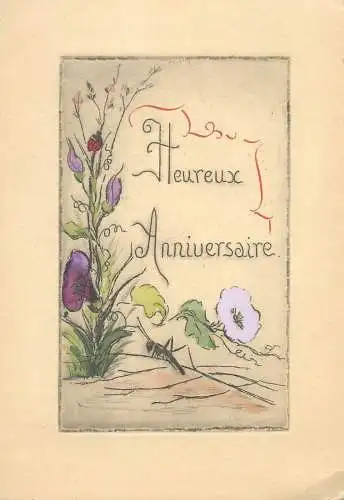 Drawn hand paint flowers ladybug & hopper " heureux Anniversaire " greetings card