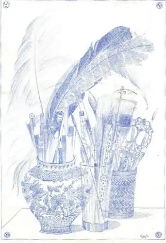Pen & pencils feathers artist drawn postcard