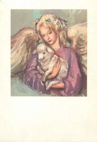 Drawn angel with lamb artist postcard