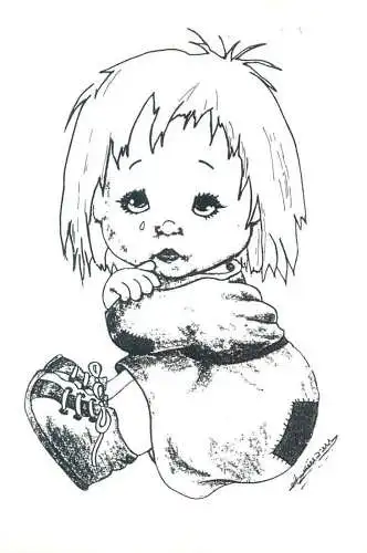 Drawn crying child caricature artist postcard 1992 Belgium