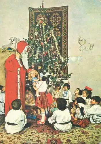 Romania Postcard Santa Claus giving presents to children real photo