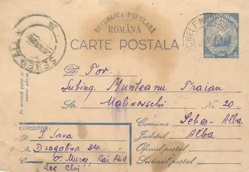 Entier postal Roumanie 1950 Sebes - Alba