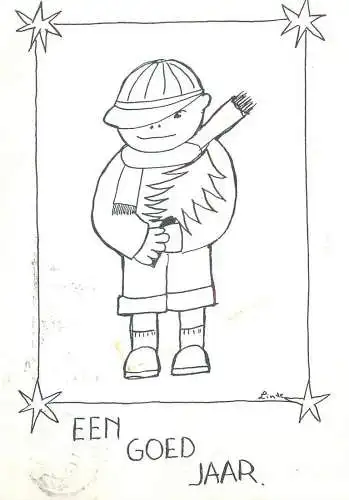 Drawn boy caricature New Year greetings artist postcard