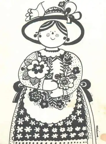 Drawn woman patterns silhouette artist postcard