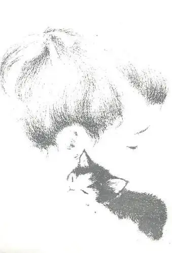 Cute drawn boy & kitty caricature postcard