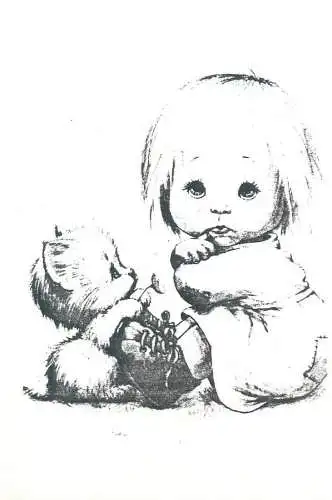 Cute drawn girl & kitty caricature postcard