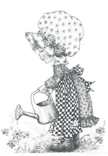 Gardening girl caricature postcard