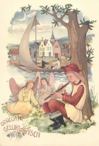Germany folklore flute angels Kunstler Postkarte