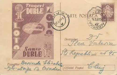 Entier postal Roumanie loto Lottery advertising 1961