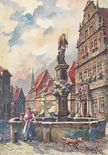 C. Freytag signed Kronach im Frantenwald 1938 Am Rathaus mit St. Michael Brunnen