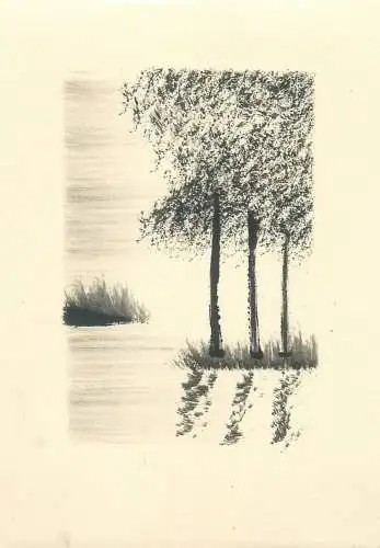 Drawn landscape trees silhouette cirrespondence Neuchatel 1949