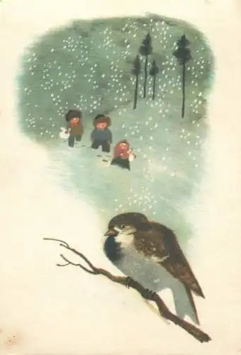 Winter seasonal greetings postcard drawn children & bird fantasy