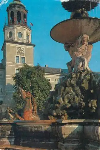 Postcard Austria Salzburg fountain and clocktower