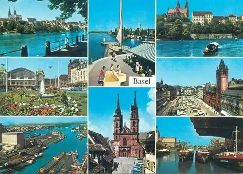 Postcard Switzerland Basel multi view cathedral castle coal barge