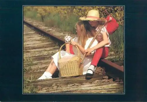 Postcard children scenes Belgium girls on a rail road basket flowers leaving home