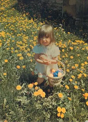 Postcard children scenes Switzerland beauty joy innocence girl smile in nature flower field Easter egg basket