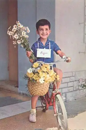 Postcard children scenes Italy Augusri smiling boy on a bicycle flower basket