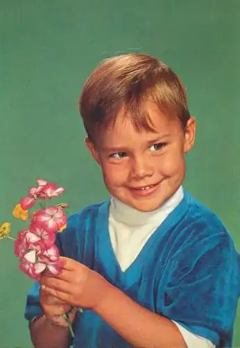 Postcard children scenes boy smile with flowers