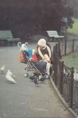 Postcard children scenes mothe and baby bebe in the park pigeons