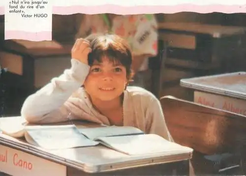 Postcard children scenes Belgium 1993 scholar Victor Hugo quote boy in school bench