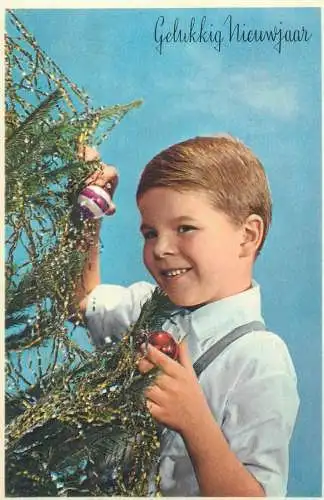Postcard children scenes New Year greeting De Zon in de Nacht boy and Christmas tree