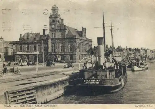 Postcard UK ENgland Great Yarmouth town hall and quay ship