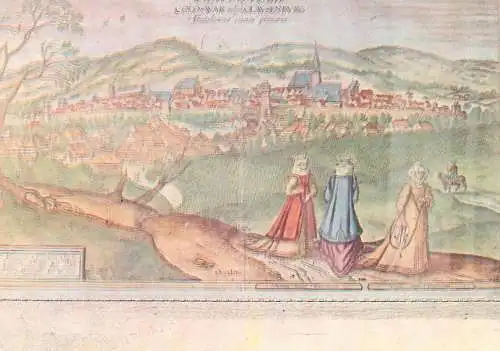 Postcard Cluj-Napoca at at the end of XVI century engraving after Egidius van der Rye drawing