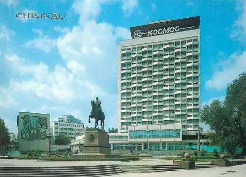 Postcard Moldova Chisinau Gr. Kotovski square equestrian statue and "Cosmos" hotel