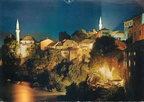 Postcard Bosnia and Herzegovina Mostar old city nocturnal view