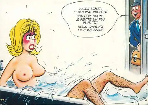 signed Postcard cheating wife caricature drawing