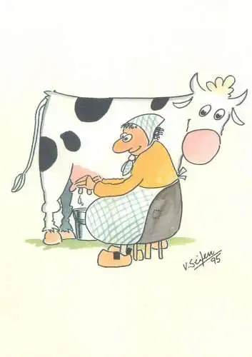 Comic funny signed Postcard peasant woman milking cow