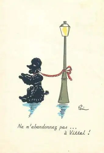 Postcard poodle dog chained  by lamp post signed illustration