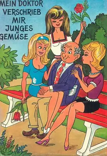 Postcard old man with beautiful women funny caricature