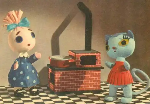Postcard miniature dolls girl and cat cooking on the stove