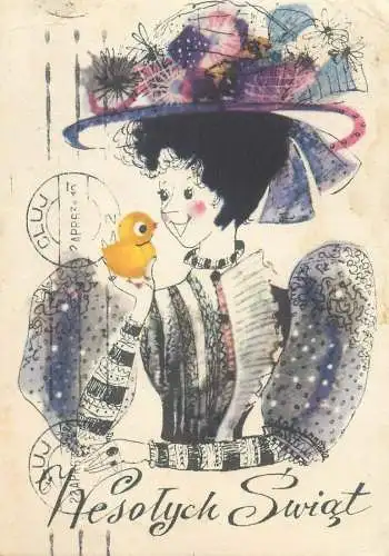 illustration Postcard lady wearing historical fashion costume talking with chicken