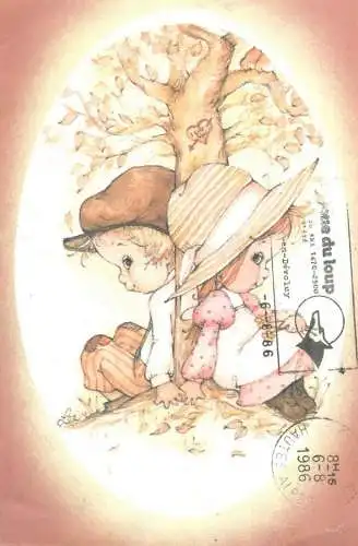 Postcard adult like children lovers couple carved heart on tree