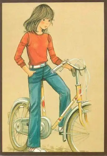 Postcard girl bicycle riding funny illustration
