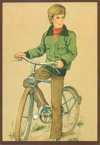 Postcard boy bicycle riding funny illustration
