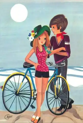 Postcard romantic lovers couple beach bike riding funny signed illustration