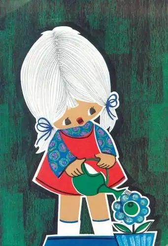 Postcard little girl watering flower illustration