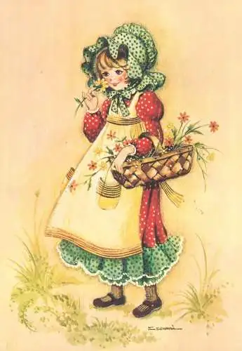 Postcard peasant flower girl typical clothing E. Scarra signed illustration
