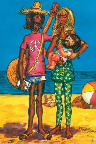 Postcard family at the beach humorous drawing