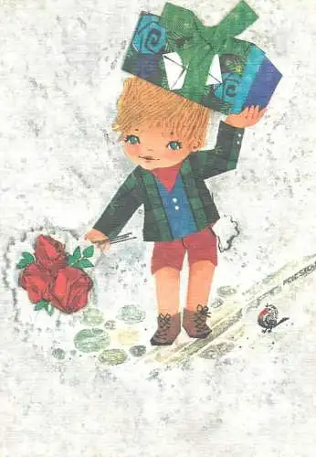 Postcard Friesecke children drawing boy with gift and roses bouquet