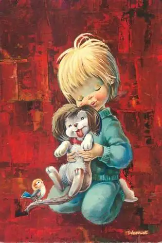 signed Postcard little boy with puppy children illustration
