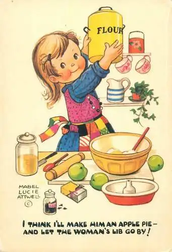 Comic signed Postcard Mabel Lucie Attwell children illustration girl baking in kitchen