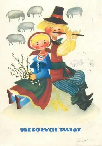 Comic illustration Postcard Christmas greetings  Shepherd serenading his lady folk typical costumes