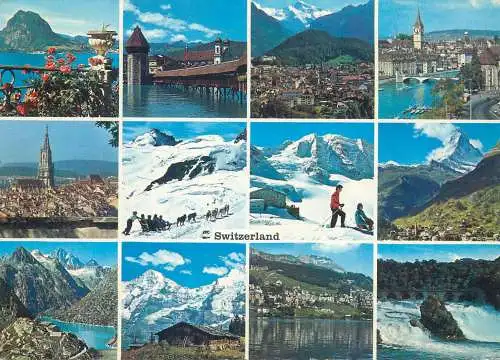 Postcard Switzerland multi view tower dog sled ski clocktower panorama