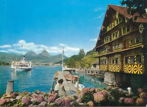 Postcard Switzerland Hist Haus Treib Stadt Luzern Brunnen und den Mythen