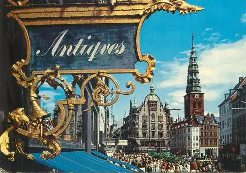 Postcard Denmark Copenhagen Antiques street view clocktower