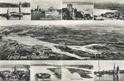 Postcard Germany Grube vom Bodensee multi view lighthouse ship clocktower